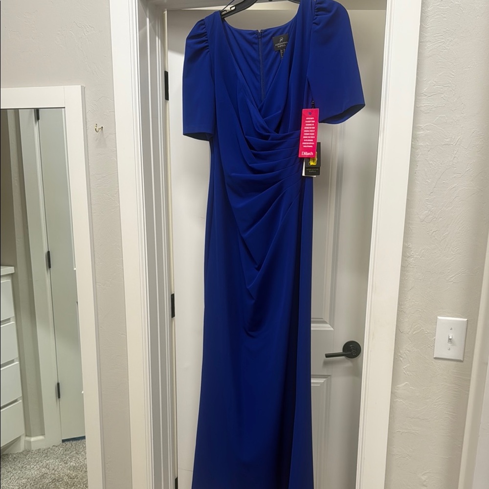 Adrianna Papell Blue Puff Sleeve Cowl Neck Maxi Gown